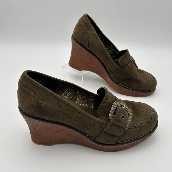 LOWER EAST SIDE VTG Olive Green Suede Wedge Platform Buckle Retro Style Size 9 - Picture 2 of 13